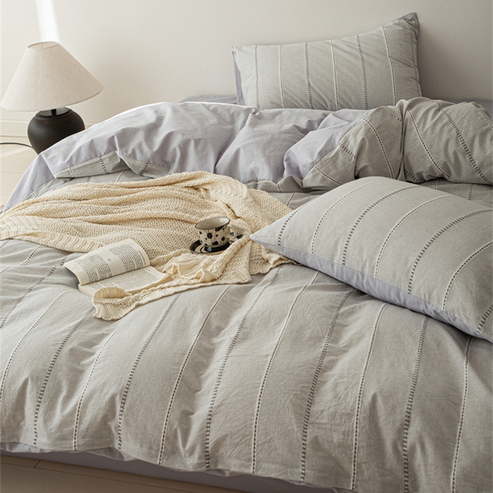 91家纺网 家纺一手货源 找家纺 棉眠 2025新款色织水洗小提花条纹四件套 序曲-灰