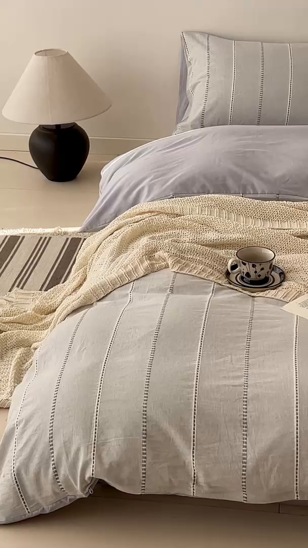 91家纺网 家纺一手货源 找家纺 棉眠 2025新款色织水洗小提花条纹四件套 序曲-灰