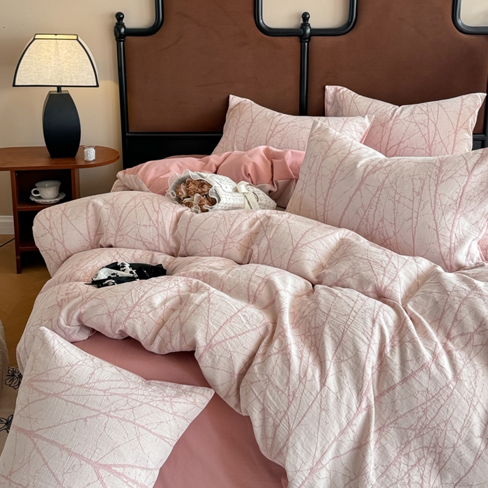 91家纺网 家纺一手货源 找家纺 眠博士 2025新款60s长绒棉纯棉提花磨毛四件套提花磨毛-飒姿粉