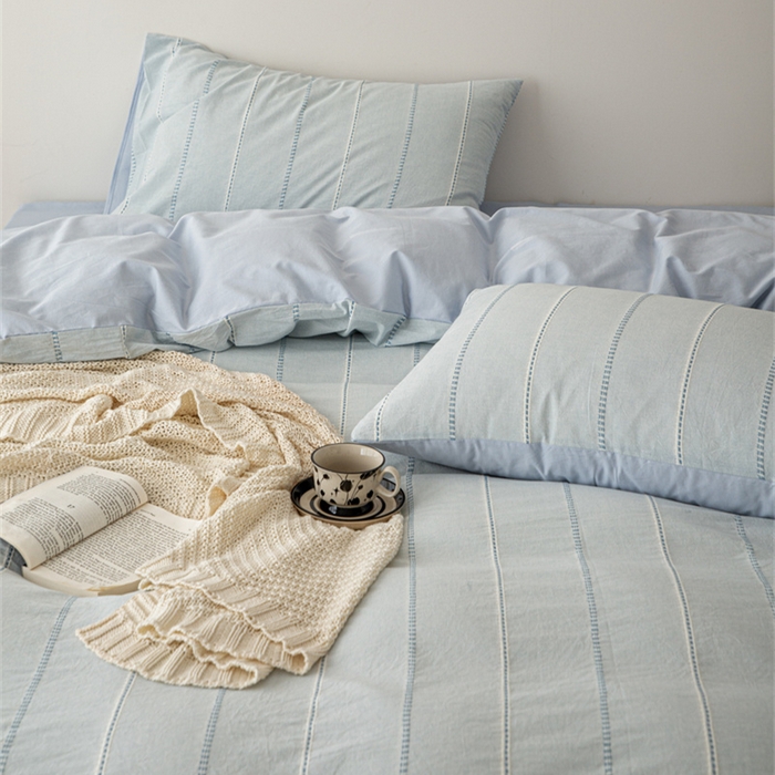 91家纺网 家纺一手货源 找家纺 棉眠 2025新款色织水洗小提花条纹四件套 序曲-蓝