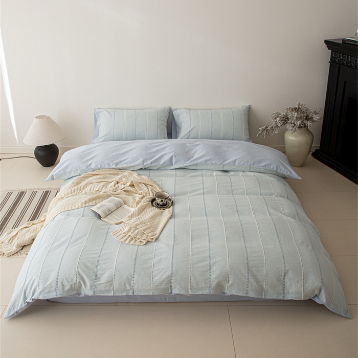 91家纺网 家纺一手货源 找家纺 棉眠 2025新款色织水洗小提花条纹四件套 序曲-蓝