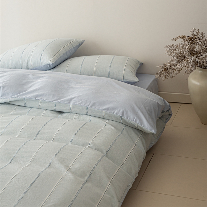 91家纺网 家纺一手货源 找家纺 棉眠 2025新款色织水洗小提花条纹四件套 序曲-蓝