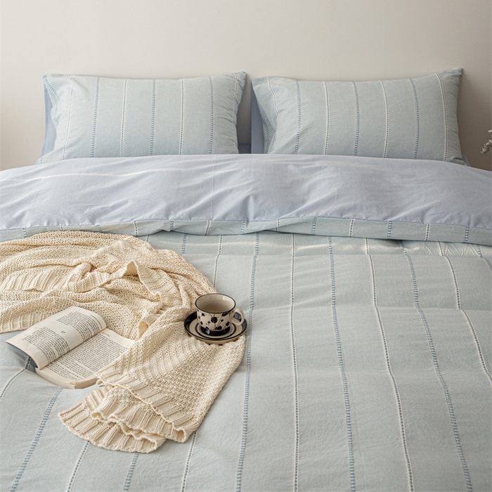 91家纺网 家纺一手货源 找家纺 棉眠 2025新款色织水洗小提花条纹四件套 序曲-蓝