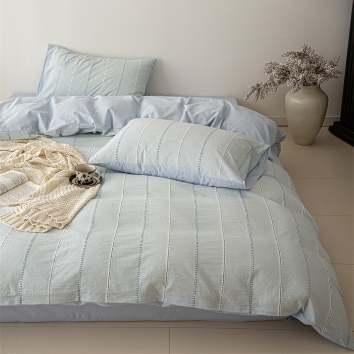 91家纺网 家纺一手货源 找家纺 棉眠 2025新款色织水洗小提花条纹四件套 序曲-蓝