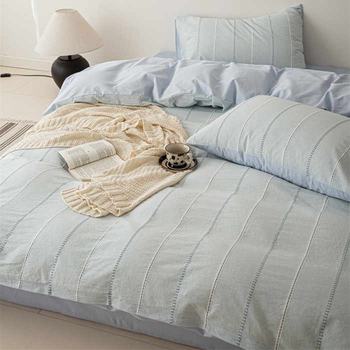 91家纺网 家纺一手货源 找家纺 棉眠 2025新款色织水洗小提花条纹四件套 序曲-蓝