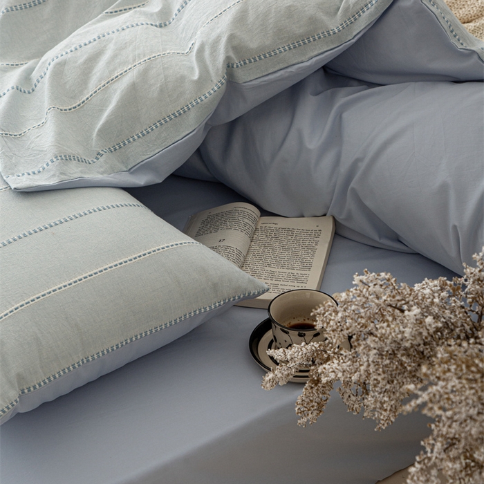 91家纺网 家纺一手货源 找家纺 棉眠 2025新款色织水洗小提花条纹四件套 序曲-蓝