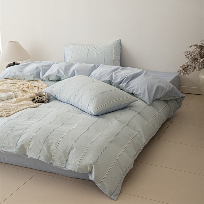 91家纺网 家纺一手货源 找家纺 棉眠 2025新款色织水洗小提花条纹四件套 序曲-蓝