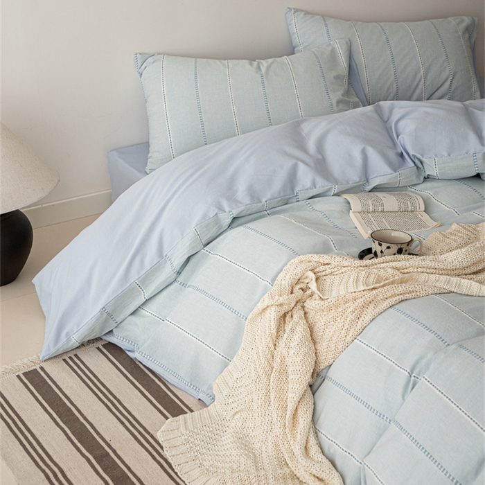 91家纺网 家纺一手货源 找家纺 棉眠 2025新款色织水洗小提花条纹四件套 序曲-蓝