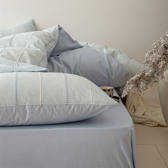 91家纺网 家纺一手货源 找家纺 棉眠 2025新款色织水洗小提花条纹四件套 序曲-蓝