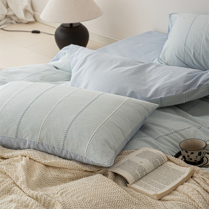 91家纺网 家纺一手货源 找家纺 棉眠 2025新款色织水洗小提花条纹四件套 序曲-蓝