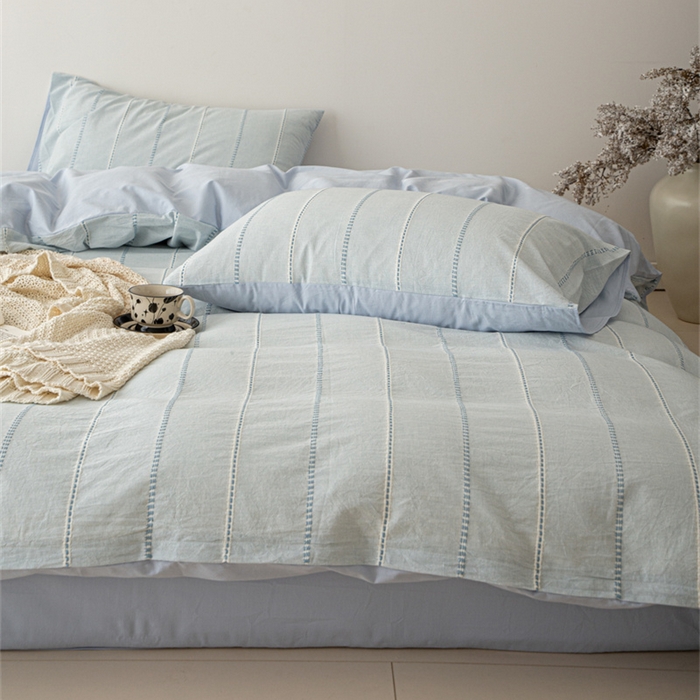 91家纺网 家纺一手货源 找家纺 棉眠 2025新款色织水洗小提花条纹四件套 序曲-蓝