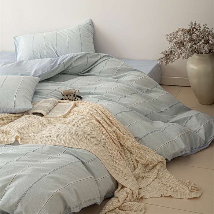 91家纺网 家纺一手货源 找家纺 棉眠 2025新款色织水洗小提花条纹四件套 序曲-蓝