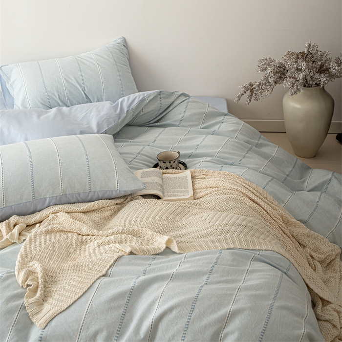 91家纺网 家纺一手货源 找家纺 棉眠 2025新款色织水洗小提花条纹四件套 序曲-蓝