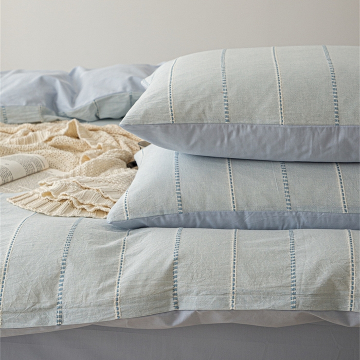 91家纺网 家纺一手货源 找家纺 棉眠 2025新款色织水洗小提花条纹四件套 序曲-蓝