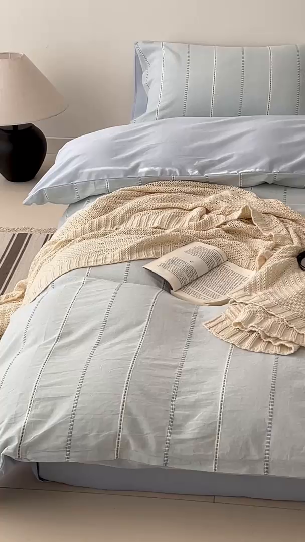 91家纺网 家纺一手货源 找家纺 棉眠 2025新款色织水洗小提花条纹四件套 序曲-蓝