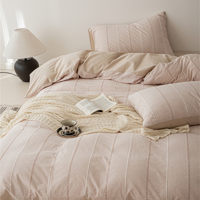 91家纺网 家纺一手货源 找家纺 棉眠 2025新款色织水洗小提花条纹四件套 序曲-米