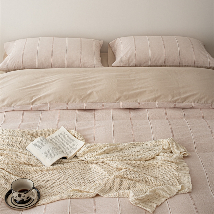 91家纺网 家纺一手货源 找家纺 棉眠 2025新款色织水洗小提花条纹四件套 序曲-米