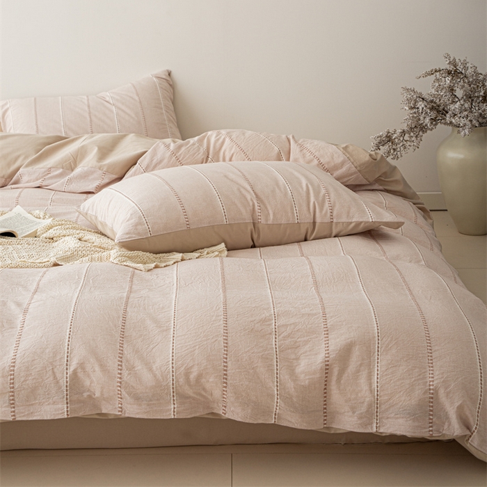 91家纺网 家纺一手货源 找家纺 棉眠 2025新款色织水洗小提花条纹四件套 序曲-米