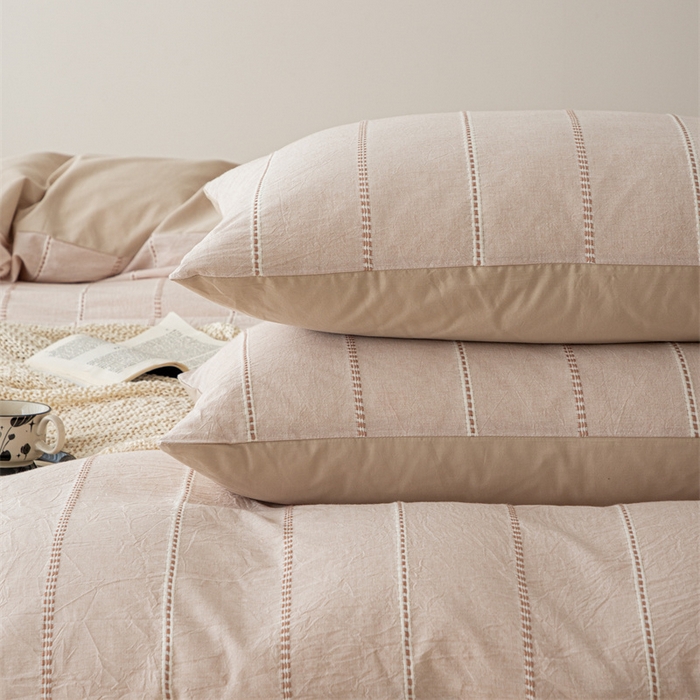 91家纺网 家纺一手货源 找家纺 棉眠 2025新款色织水洗小提花条纹四件套 序曲-米