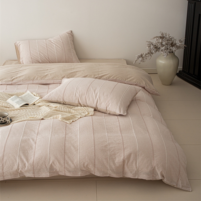 91家纺网 家纺一手货源 找家纺 棉眠 2025新款色织水洗小提花条纹四件套 序曲-米