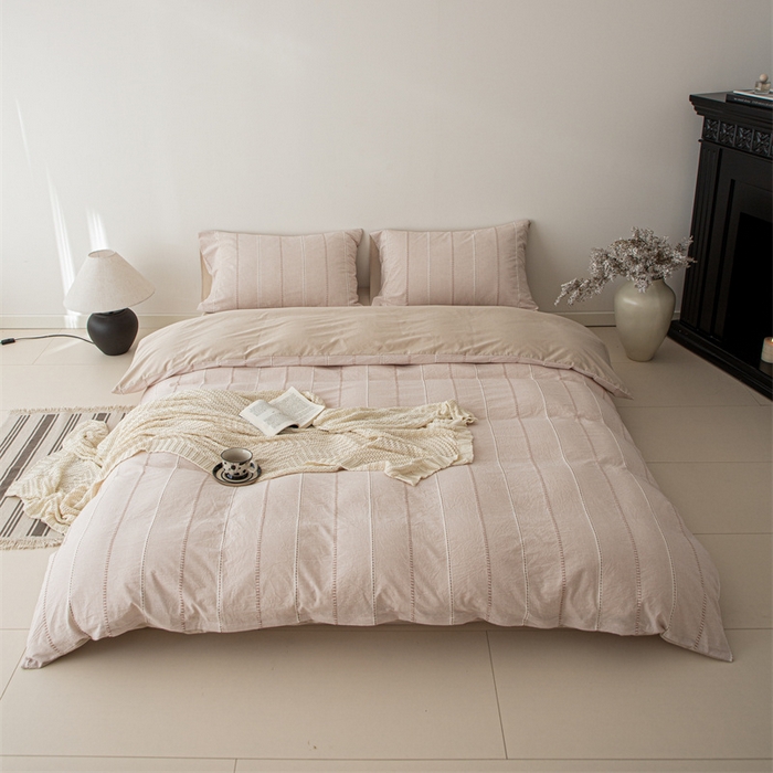 91家纺网 家纺一手货源 找家纺 棉眠 2025新款色织水洗小提花条纹四件套 序曲-米