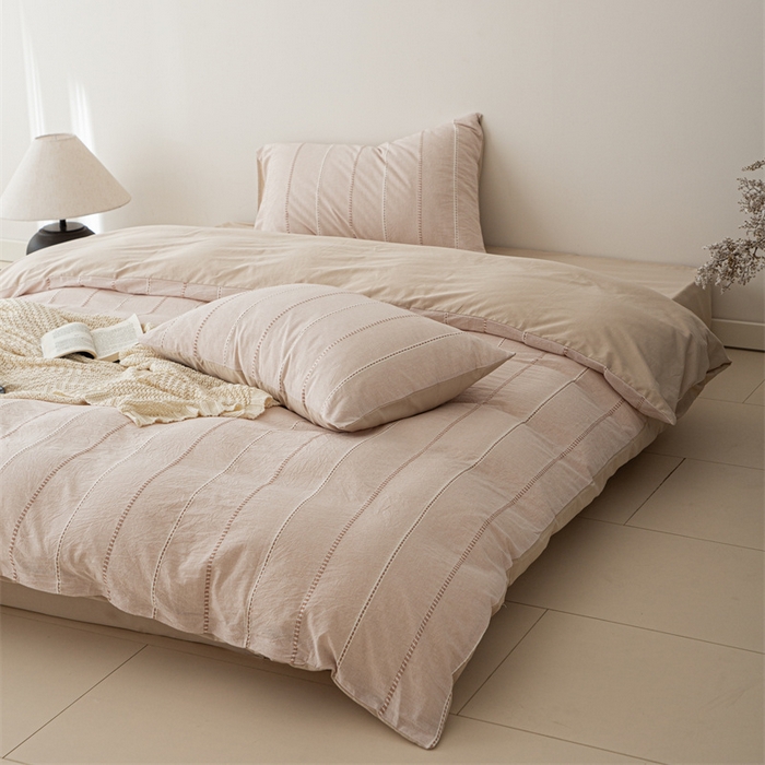 91家纺网 家纺一手货源 找家纺 棉眠 2025新款色织水洗小提花条纹四件套 序曲-米