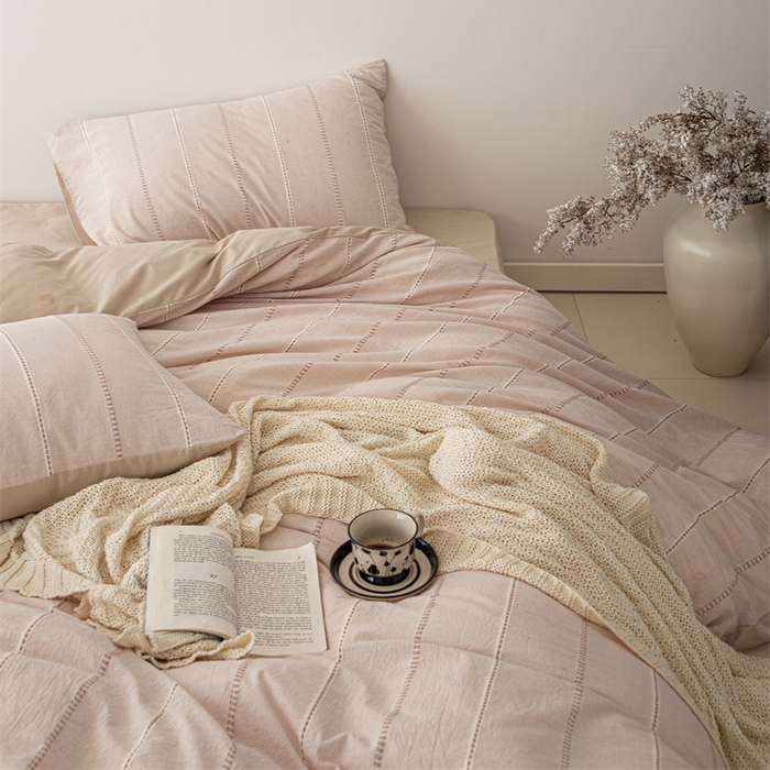 91家纺网 家纺一手货源 找家纺 棉眠 2025新款色织水洗小提花条纹四件套 序曲-米