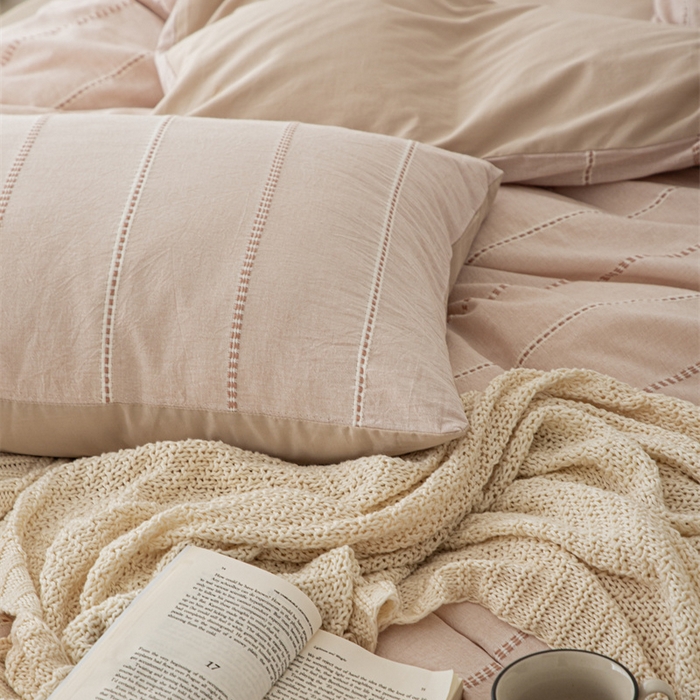 91家纺网 家纺一手货源 找家纺 棉眠 2025新款色织水洗小提花条纹四件套 序曲-米