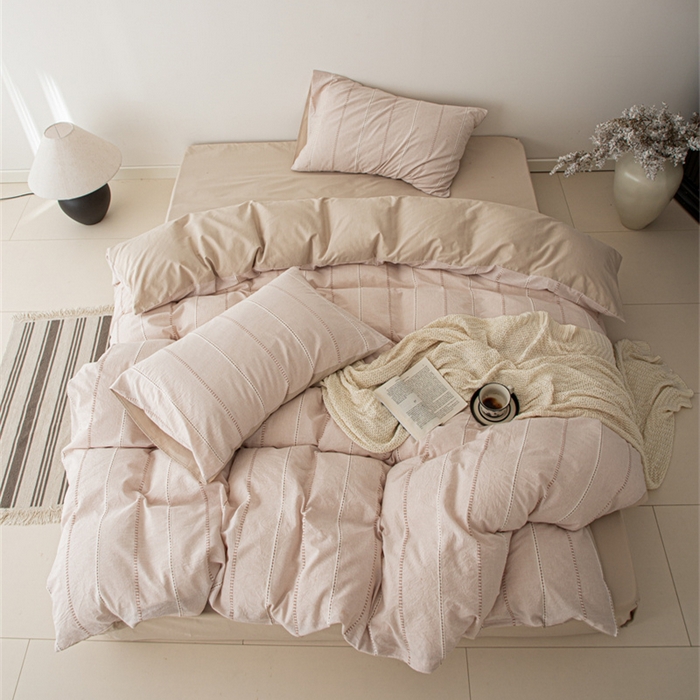 91家纺网 家纺一手货源 找家纺 棉眠 2025新款色织水洗小提花条纹四件套 序曲-米