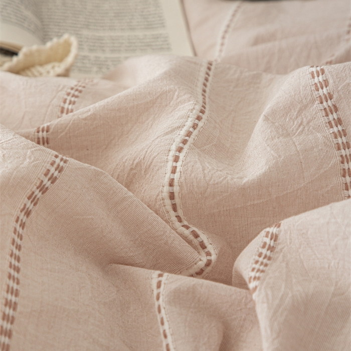 91家纺网 家纺一手货源 找家纺 棉眠 2025新款色织水洗小提花条纹四件套 序曲-米