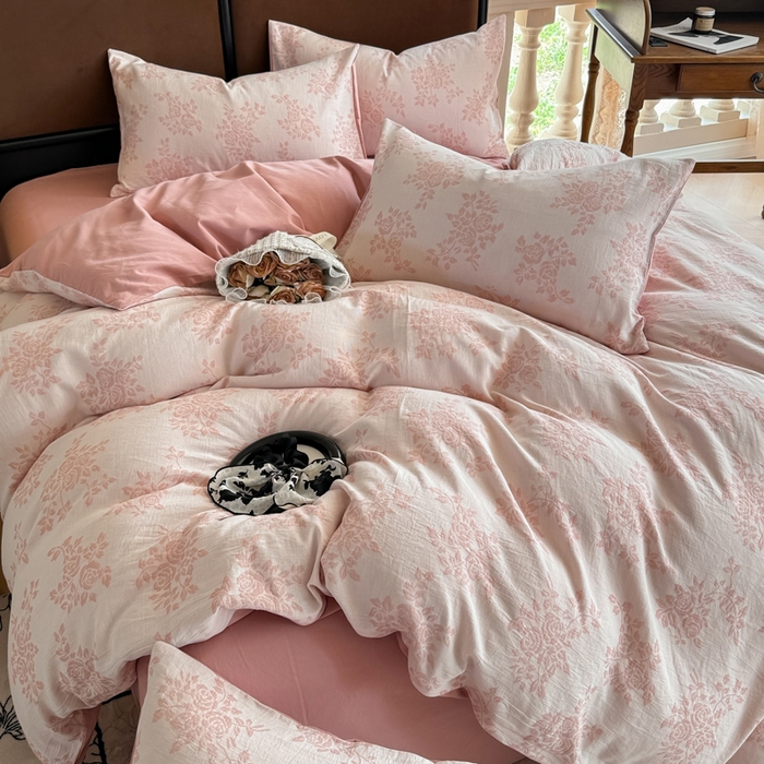 91家纺网 家纺一手货源 找家纺 眠博士 2025新款60s长绒棉纯棉提花磨毛四件套提花磨毛-长夏粉