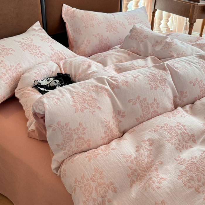 91家纺网 家纺一手货源 找家纺 眠博士 2025新款60s长绒棉纯棉提花磨毛四件套提花磨毛-长夏粉