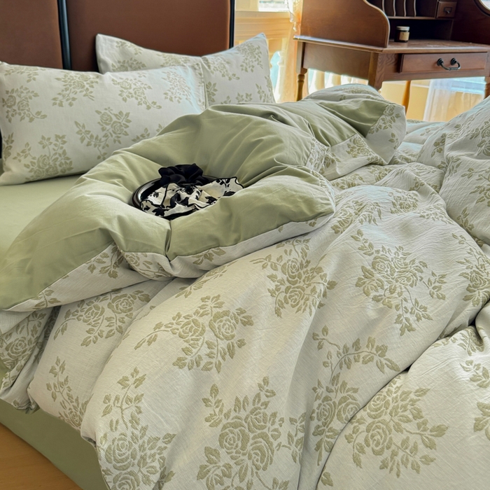 91家纺网 家纺一手货源 找家纺 眠博士 2025新款60s长绒棉纯棉提花磨毛四件套提花磨毛-长夏绿