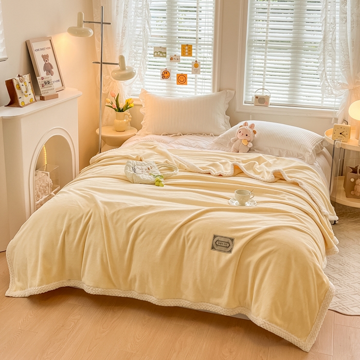 91家纺网 家纺一手货源 找家纺 眠博士 2025新款高克重牛奶绒轻奢大包边毛毯被套 轻奢毛毯-鹅黄