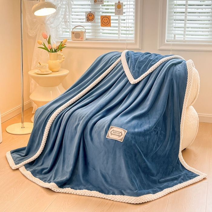 眠博士 2025新款高克重牛奶绒轻奢大包边毛毯被套 轻奢毛毯-靛青