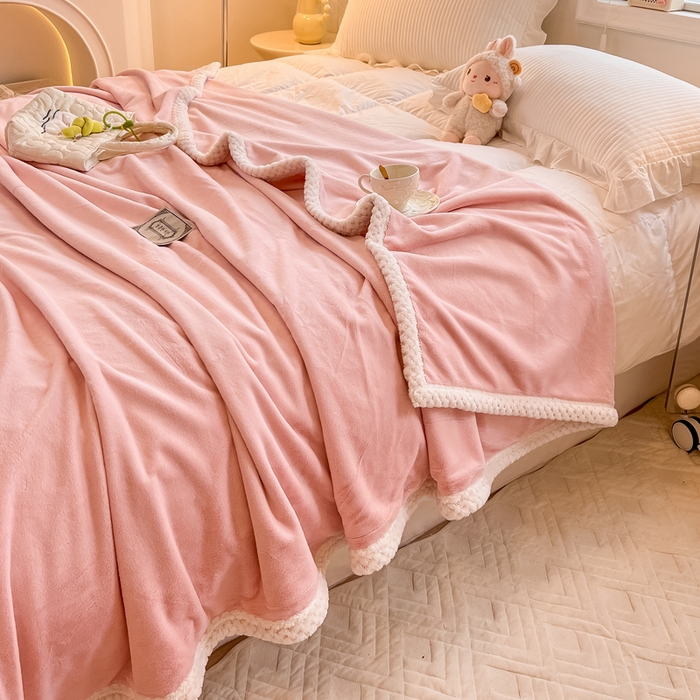 91家纺网 家纺一手货源 找家纺 眠博士 2025新款高克重牛奶绒轻奢大包边毛毯被套 轻奢毛毯-粉色