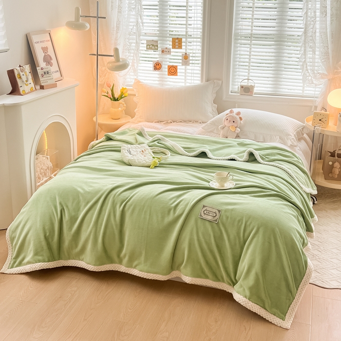 91家纺网 家纺一手货源 找家纺 眠博士 2025新款高克重牛奶绒轻奢大包边毛毯被套 轻奢毛毯-苹果绿