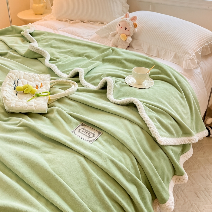91家纺网 家纺一手货源 找家纺 眠博士 2025新款高克重牛奶绒轻奢大包边毛毯被套 轻奢毛毯-苹果绿