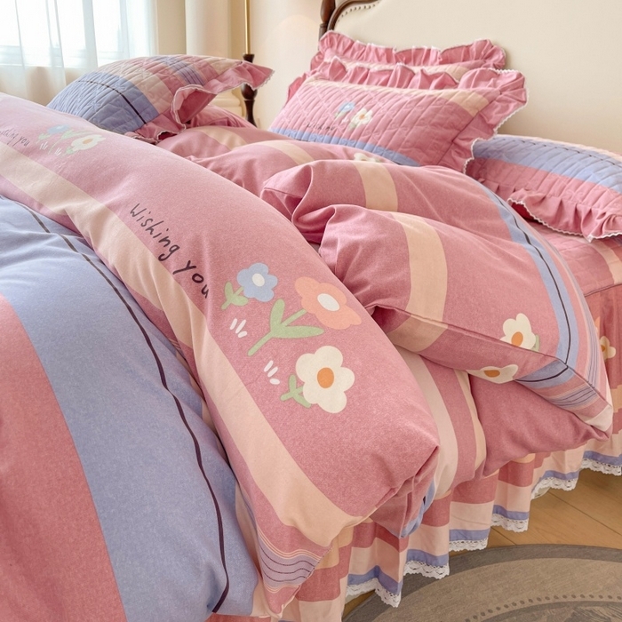 91家纺网 家纺一手货源 找家纺 （总）缦彩 2025新款全棉加厚夹棉磨毛纯棉床裙套件公主风印花防滑床罩四件套-夹棉款