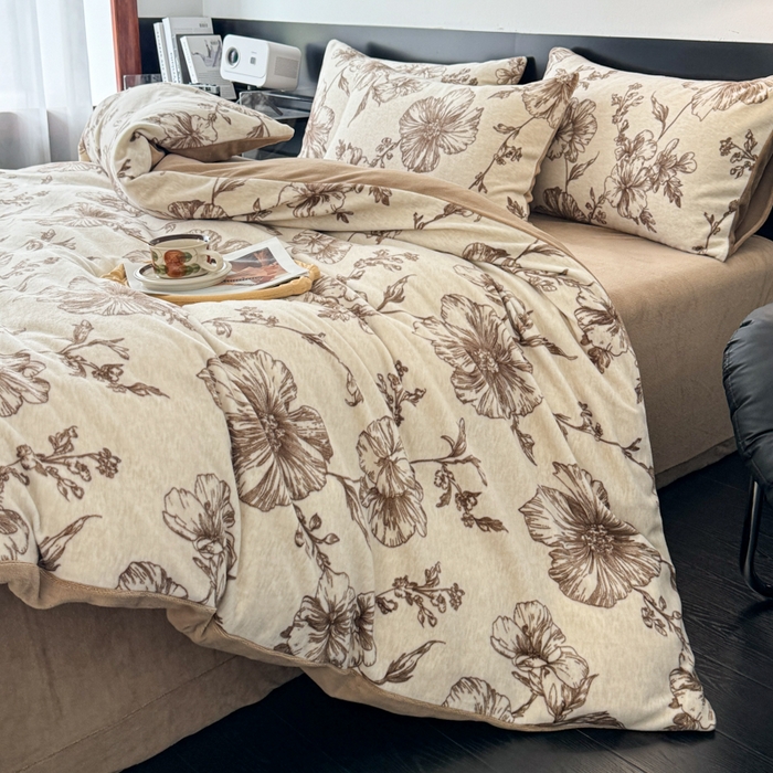 91家纺网 家纺一手货源 找家纺 子曰 2025新款A类高克重蒂肤绒羊绒保暖印花四件套 柔梦-咖