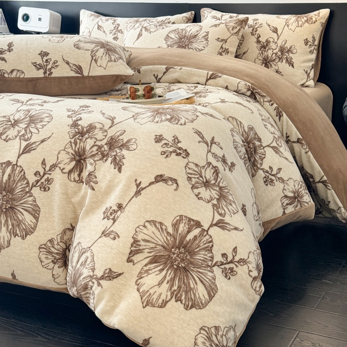 91家纺网 家纺一手货源 找家纺 子曰 2025新款A类高克重蒂肤绒羊绒保暖印花四件套 柔梦-咖