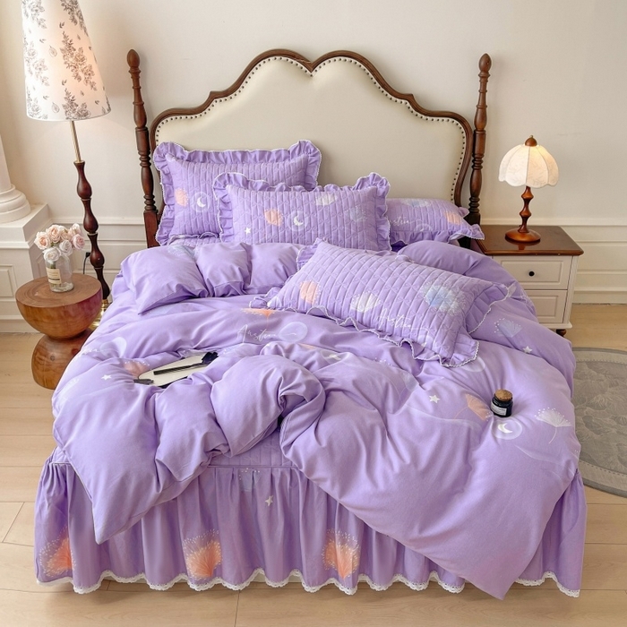 91家纺网 家纺一手货源 找家纺 （总）缦彩 2025新款全棉加厚夹棉磨毛纯棉床裙套件公主风印花防滑床罩四件套-夹棉款