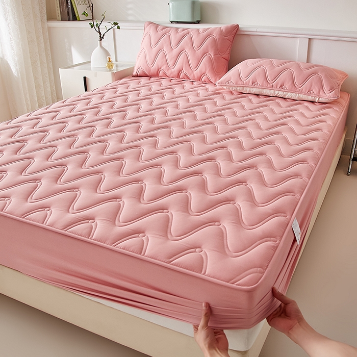 91家纺网 家纺一手货源 找家纺 盛眠家纺 2025新款水洗棉夹棉床笠-云汐 红色