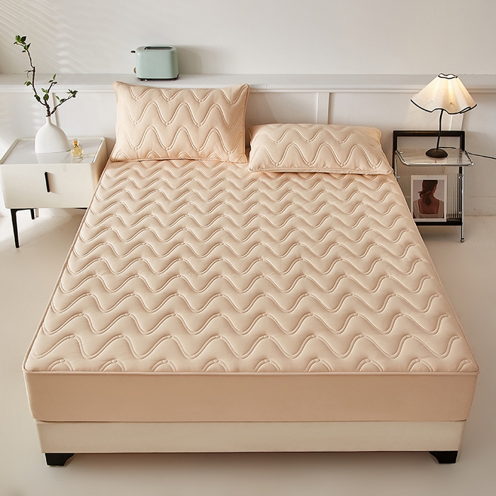 91家纺网 家纺一手货源 找家纺 盛眠家纺 2025新款水洗棉夹棉床笠-云汐 卡其