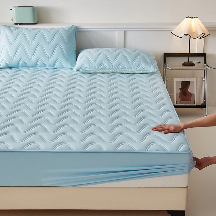 91家纺网 家纺一手货源 找家纺 盛眠家纺 2025新款水洗棉夹棉床笠-云汐 蓝色