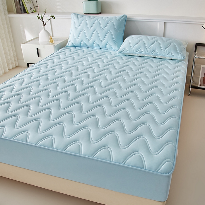 91家纺网 家纺一手货源 找家纺 盛眠家纺 2025新款水洗棉夹棉床笠-云汐 蓝色