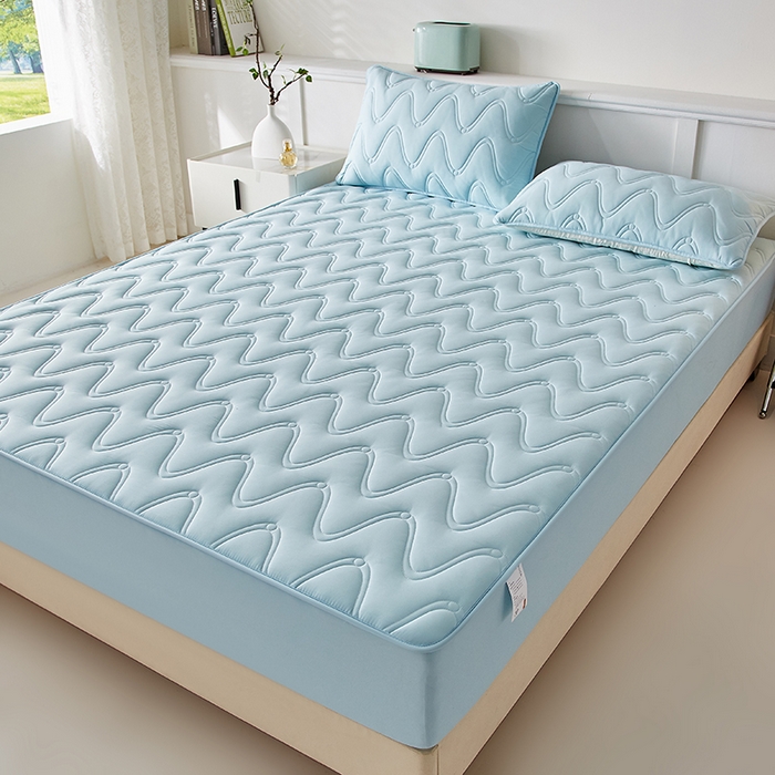 91家纺网 家纺一手货源 找家纺 盛眠家纺 2025新款水洗棉夹棉床笠-云汐 蓝色