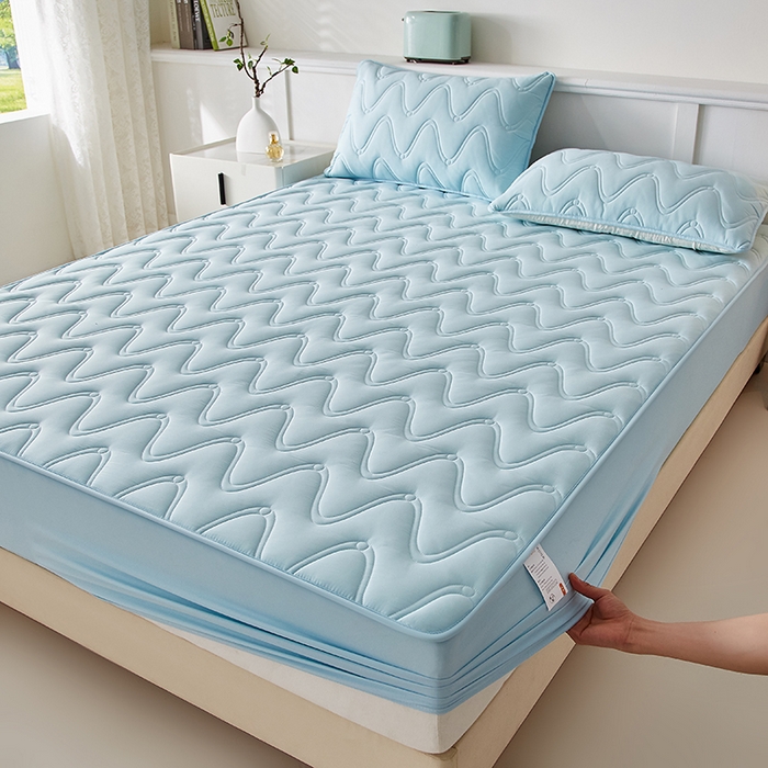 91家纺网 家纺一手货源 找家纺 盛眠家纺 2025新款水洗棉夹棉床笠-云汐 蓝色