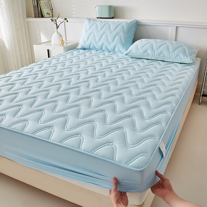 91家纺网 家纺一手货源 找家纺 盛眠家纺 2025新款水洗棉夹棉床笠-云汐 蓝色