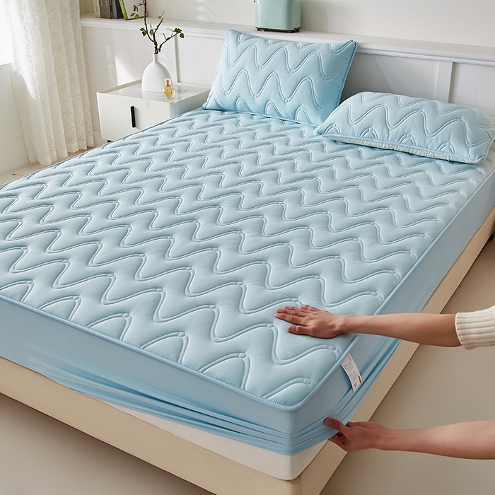 91家纺网 家纺一手货源 找家纺 盛眠家纺 2025新款水洗棉夹棉床笠-云汐 蓝色